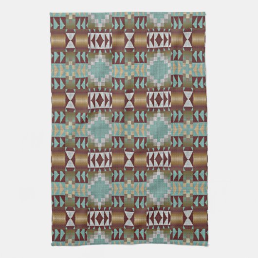 Taupe Brown Turquoise Aqua Blue Tribal Pattern Theedoek (Verticaal)