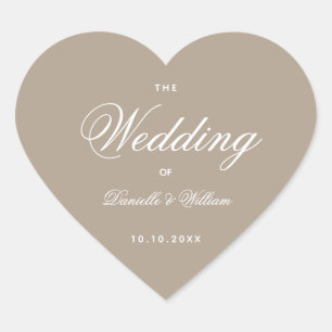 Taupe bruiloft hart eenvoudig elegant wit script hart sticker