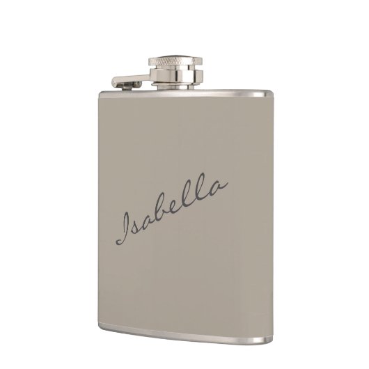 Taupe Bruin Elegante Script Naam Bruiloft Feest  Heupfles (Links)