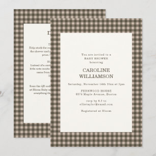 Taupe Bruine Gingham All-in-One Retro Baby Shower Kaart