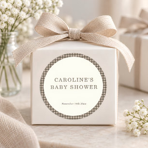 Taupe Bruine Gingham Geruite Retro Baby Shower Ronde Sticker