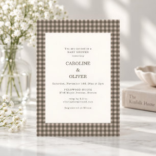 Taupe Bruine Gingham Geruite Stippen Baby Shower Kaart