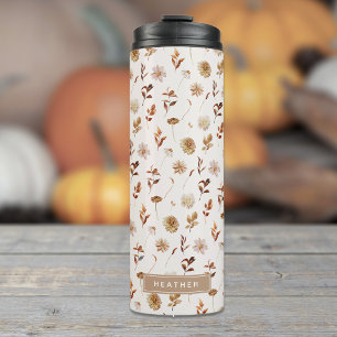 Taupe Bruine Herfst Aquarel Botanische Monogram Thermosbeker