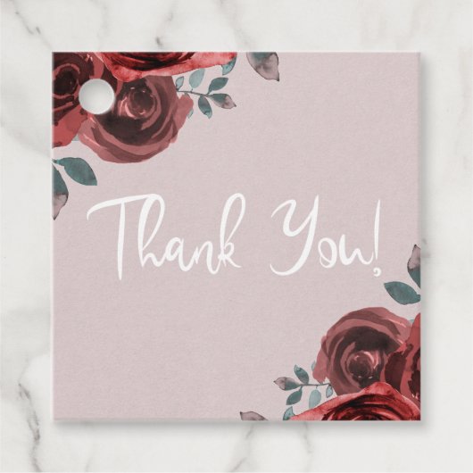 Taupe Burgundy Waterverf Rozen Greenery Wedding Bedankjes Labels (Voorkant)