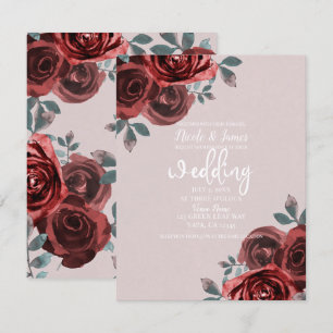 Taupe Burgundy Waterverf Rozen Greenery Wedding Kaart