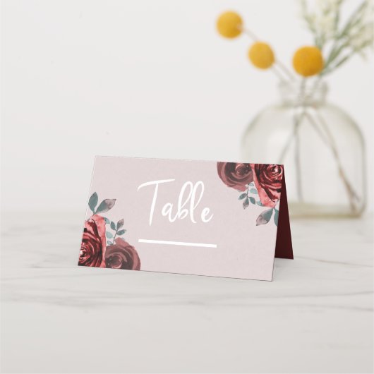 Taupe Burgundy Waterverf Rozen Greenery Wedding Plaatskaartje (Voorkant)