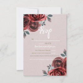 Taupe Burgundy Waterverf Rozen Greenery Wedding RSVP Kaartje