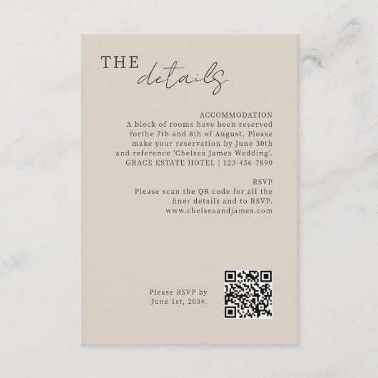 Taupe | Chic Minimal Wedding QR-code Informatiekaartje (Voorkant)