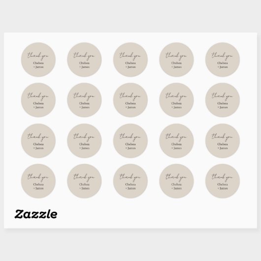Taupe | Chic Simple Script Dank u voor uw bruiloft Ronde Sticker (Vel)