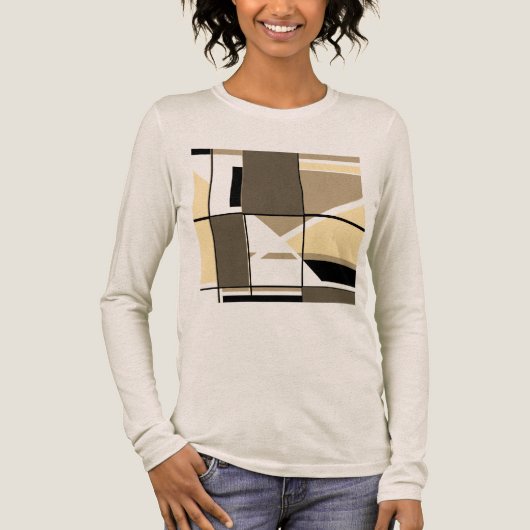 Taupe Cream Brown MCM Look Geometrisch Abstract Tri-Blend Shirt (Voorkant)