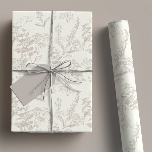 Taupe & Cream Tonal Wildflower Line Art Inpakpapier Vel