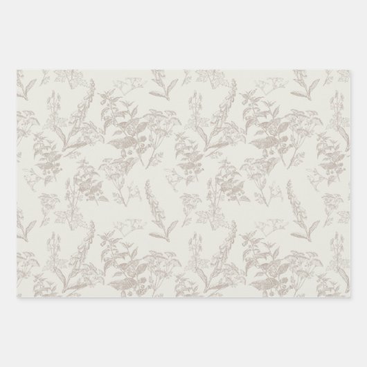 Taupe & Cream Tonal Wildflower Line Art Inpakpapier Vel (Voorkant 3)