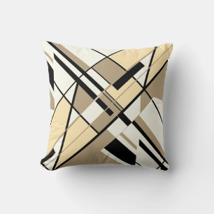 Taupe Cream Zwart Wit Diagonaal Angular Art Motief Kussen