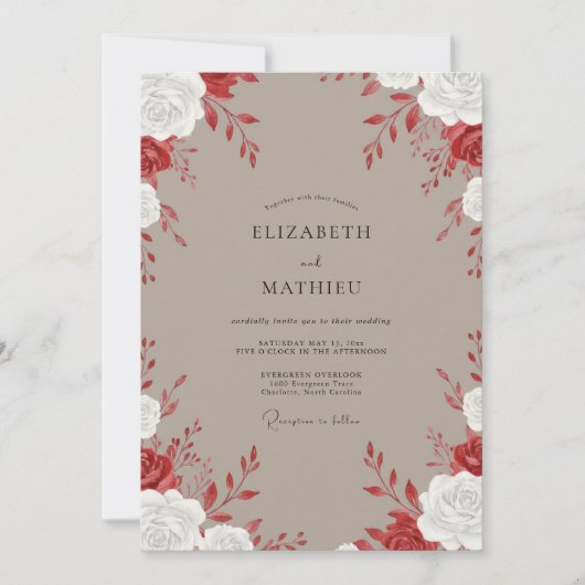 Taupe Crimson Rose Bruiloft Kaart (Voorkant)