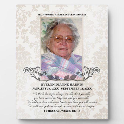 Taupe Damask Foto Memorial Plaque Fotoplaat (Voorkant)