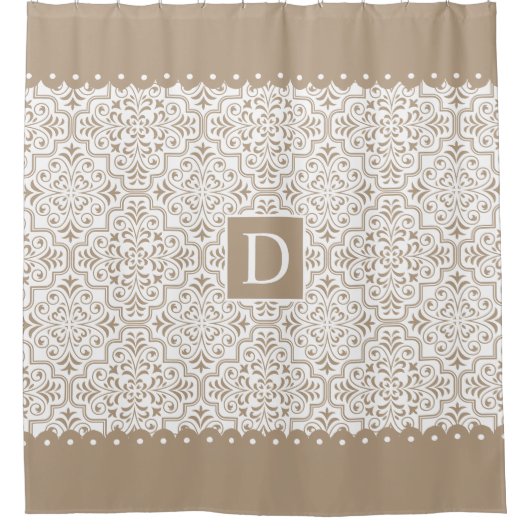 Taupe damast patroon, geschulpte randen monogram douchegordijn (Voorkant)