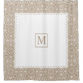 Taupe damast patroon wit lijst en monogram douchegordijn (Voorkant)
