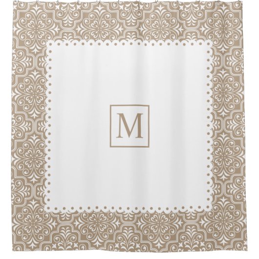 Taupe damast patroon wit lijst en monogram douchegordijn (Voorkant)