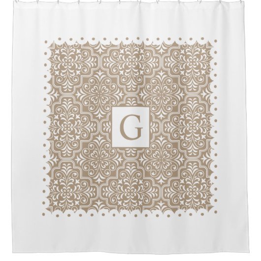 Taupe damast, witte geschulpte randen, monogram douchegordijn (Voorkant)
