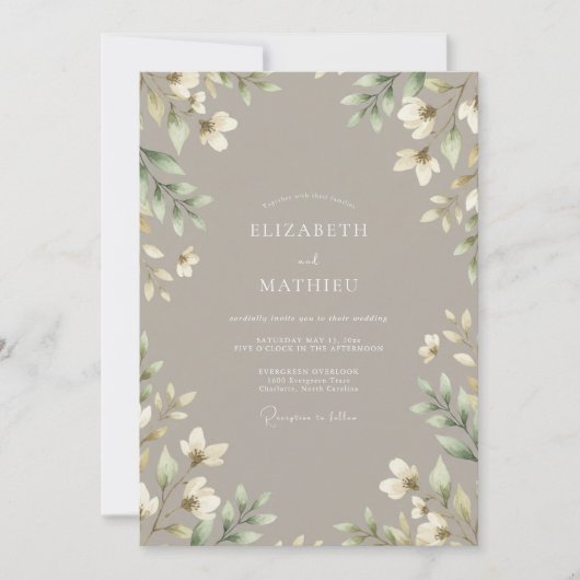 Taupe Delicate Botanische Bruiloft Kaart (Voorkant)