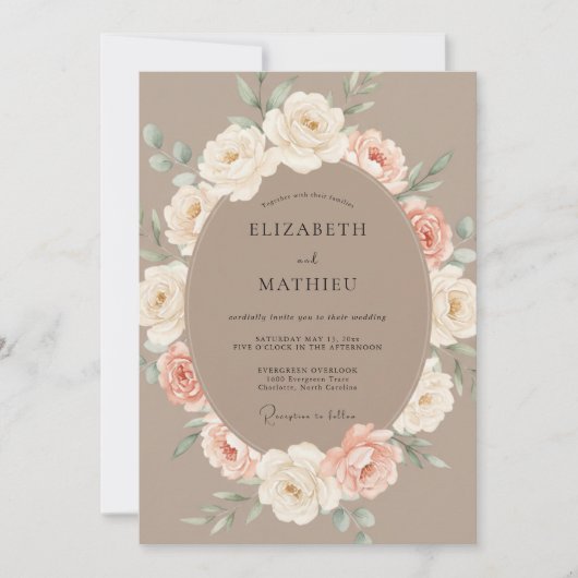 Taupe Delicate Florale Romantische Bruiloft Kaart (Voorkant)