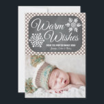 Taupe Dot Chalkboard Snowflake Holiday Photo Card Feestdagenkaart<br><div class="desc">Add your favorite familiy foto or babys first foliday or baby boy or girl Christmas picture to this sweet, modern and pretty winter themed foliday foto card with two snowflakes on a chalkboard background and brown taupe hue dot pattern. It says Warm Wishes and it can be personalized with your...</div>