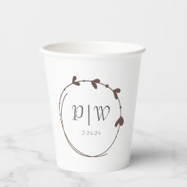 Taupe Eenvoudige Hart Krans Monogram Huwelijk Papieren Bekers