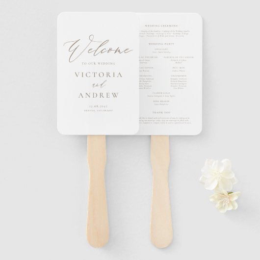Taupe eenvoudige typografie formele bruiloft progr handwaaier (Voorkant en achterkant)