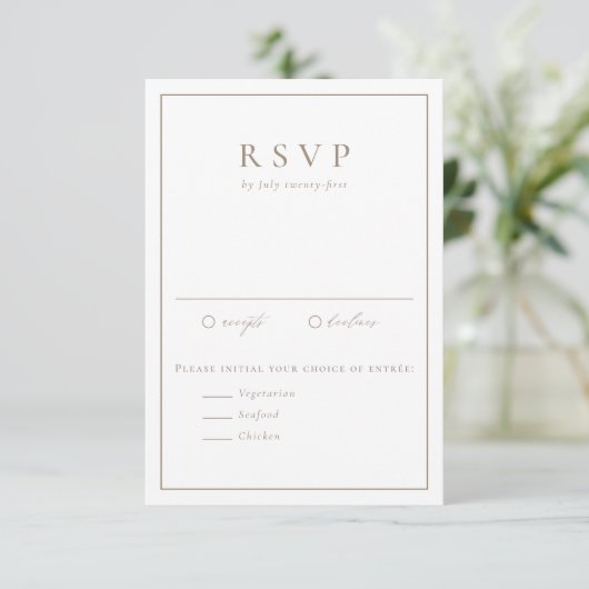Taupe Eenvoudige Typografie Formele Bruiloft RSVP Kaartje (Staand voorkant)