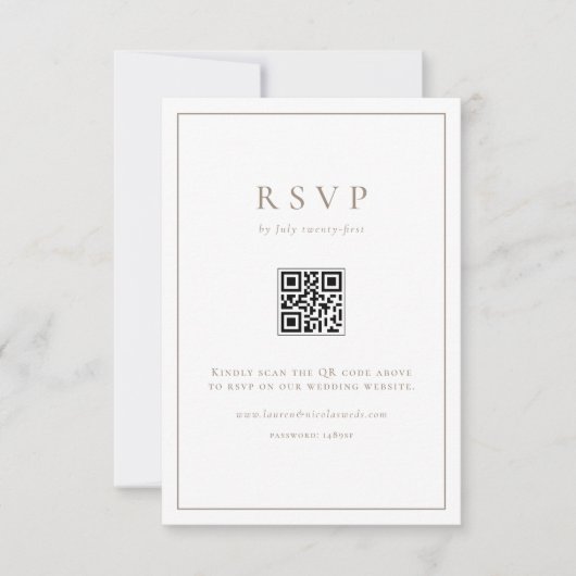 Taupe eenvoudige typografie QR-code formele bruilo RSVP Kaartje (Voorkant)
