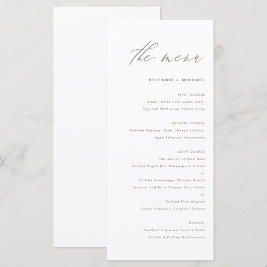 Taupe Elegante Kalligrafie Bruiloft Menu (Voorkant / Achterkant)