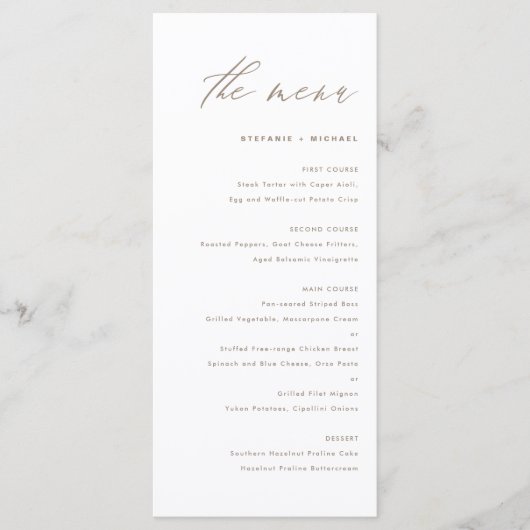 Taupe Elegante Kalligrafie Bruiloft Menu (Voorkant)