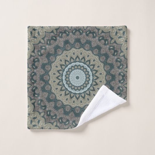 Taupe en Blauwgroen Mandala met Tribal Symmetrie Bad Handdoek (Wasdoekje)