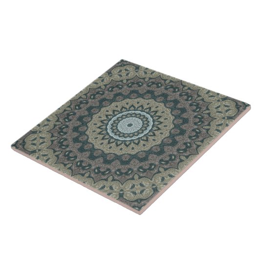 Taupe en Blauwgroen Mandala met Tribal Symmetrie Tegeltje (Zijkant)