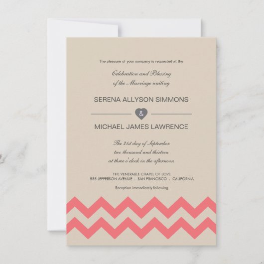 Taupe en Coral Chevron Wedding Invitations Kaart (Voorkant)