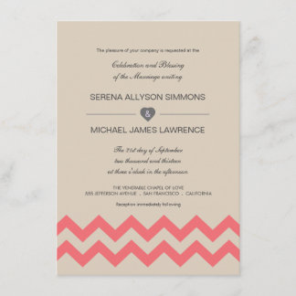 Taupe en Coral Chevron Wedding Invitations Kaart
