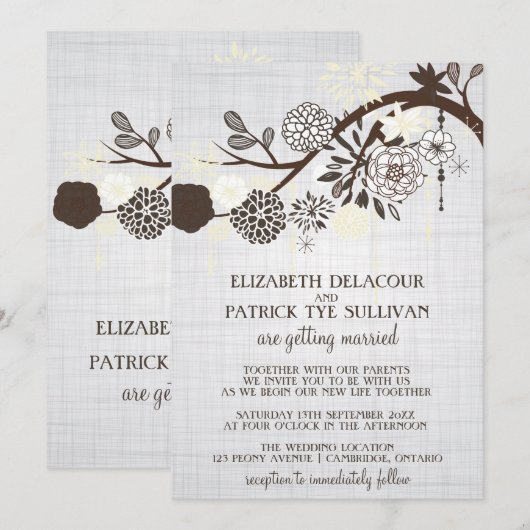 Taupe en Cream Flowers Rustic Wedding Invitation Kaart (Voorkant / Achterkant)