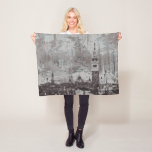 Taupe en Cyan Distress Skyline Venetië Italië Fleece Deken