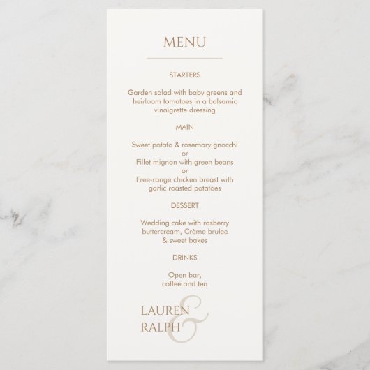 Taupe en Ivoor Monogrammed Bruiloft Menu (Voorkant)