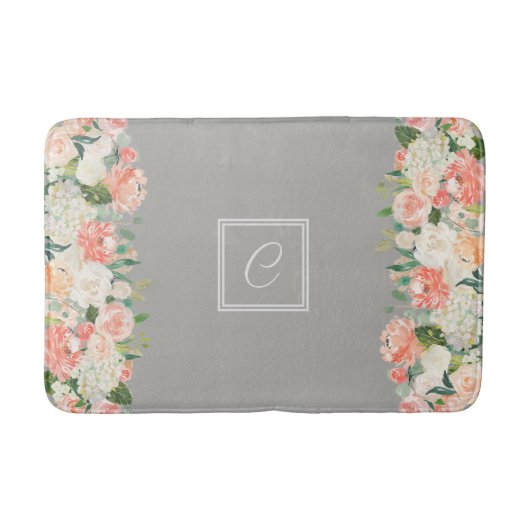 Taupe en Perzik Waterverf Bloemen met Monogram Badmat (Voorkant)