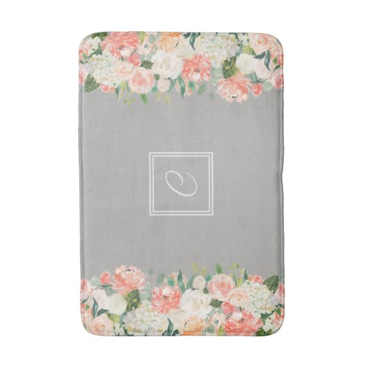Taupe en Perzik Waterverf Bloemen met Monogram Badmat (Voorkant Verticaal)