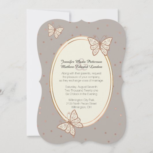Taupe en Roos Gold Butterfly Wedding Kaart (Voorkant)