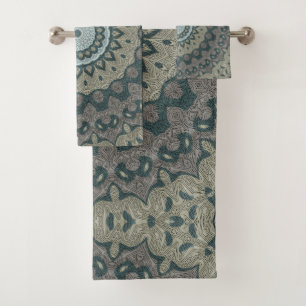 Taupe en Teal Mandala met Tribale Symmetrie Bad Handdoek