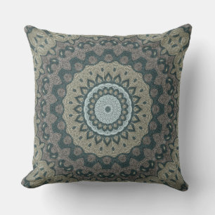 Taupe en Teal Mandala met Tribale Symmetrie Kussen