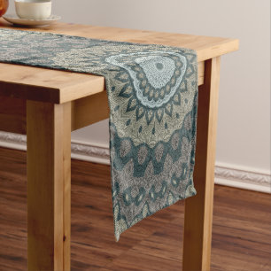 Taupe en Teal Mandala met Tribale Symmetrie Lange Tafelloper