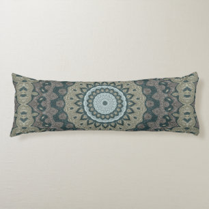Taupe en Teal Mandala met Tribale Symmetrie Lichaamskussen