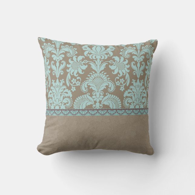Taupe en Turquoise Damask Kussen (Voorkant)