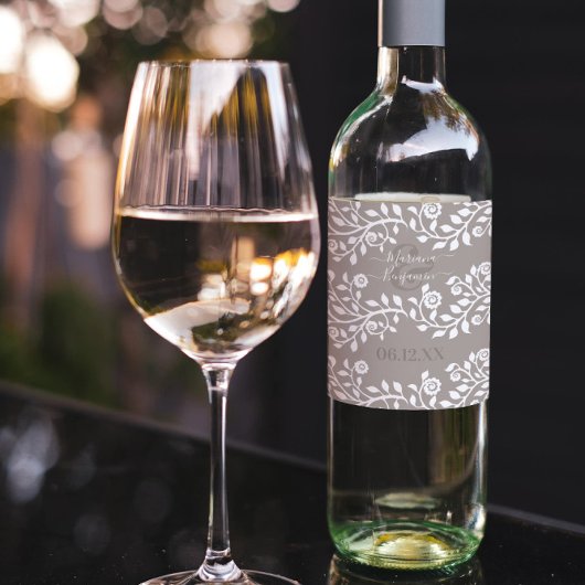 Taupe en White Rustic Floral , gepersonaliseerd hu Wijn Etiket