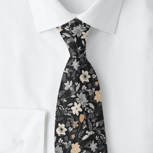 Taupe en witte bloemen op houtskool stropdas