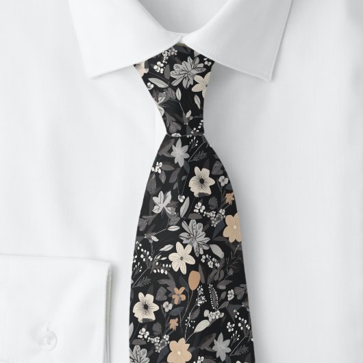 Taupe en witte bloemen op houtskool stropdas